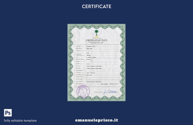 Modello PSD del certificato di morte dell'Arabia Saudita in stile verificato